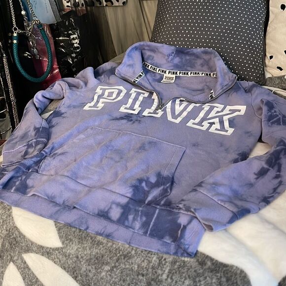 Victoria’s Secret PINK purple tie dye quarter zip Edl campus sweatshirt top med - Picture 2 of 5